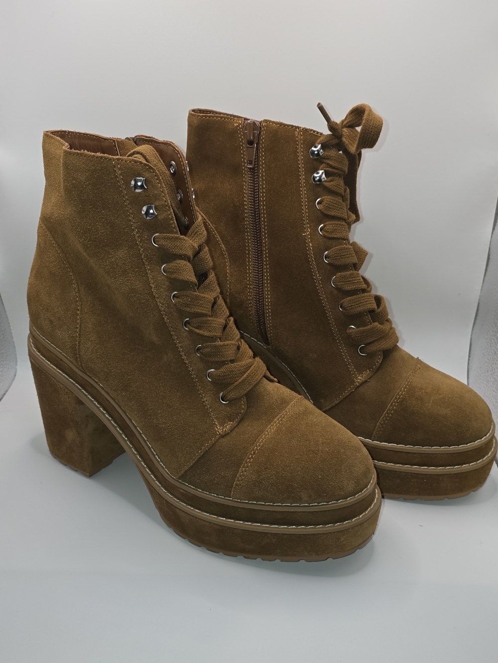 Steve Madden Ember Tan Suede Platform Heeled Lace-Up Boots